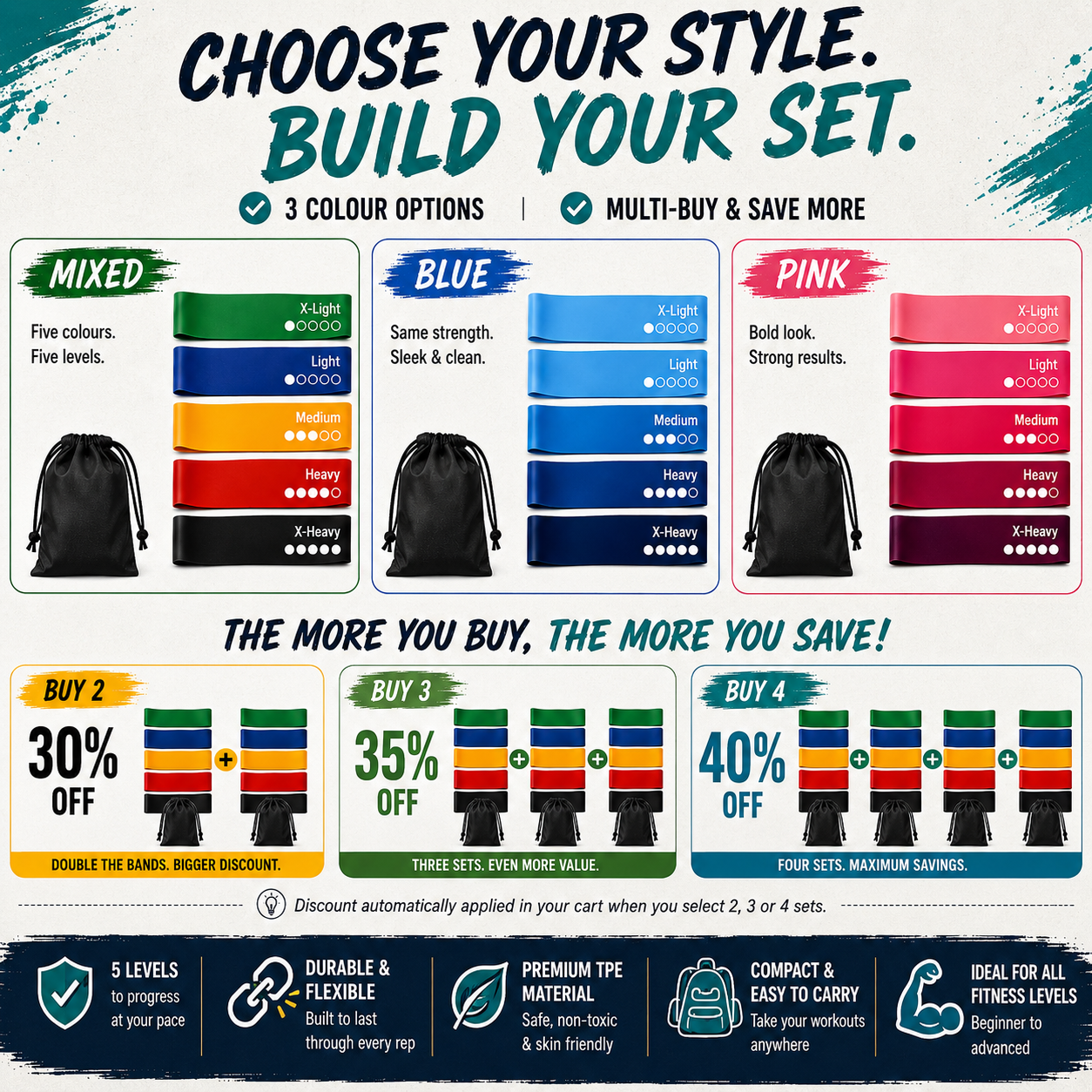Colour options mixed blue and pink with multi-buy discounts