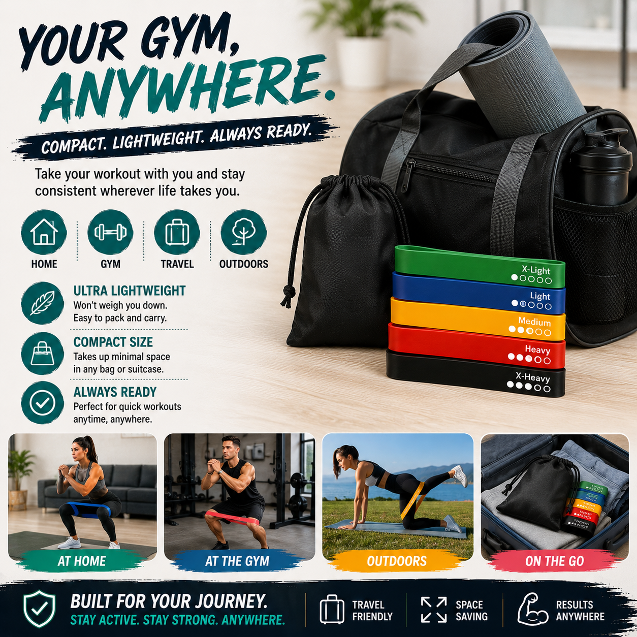 Portable resistance bands with carry bag for home gym travel and outdoor workouts