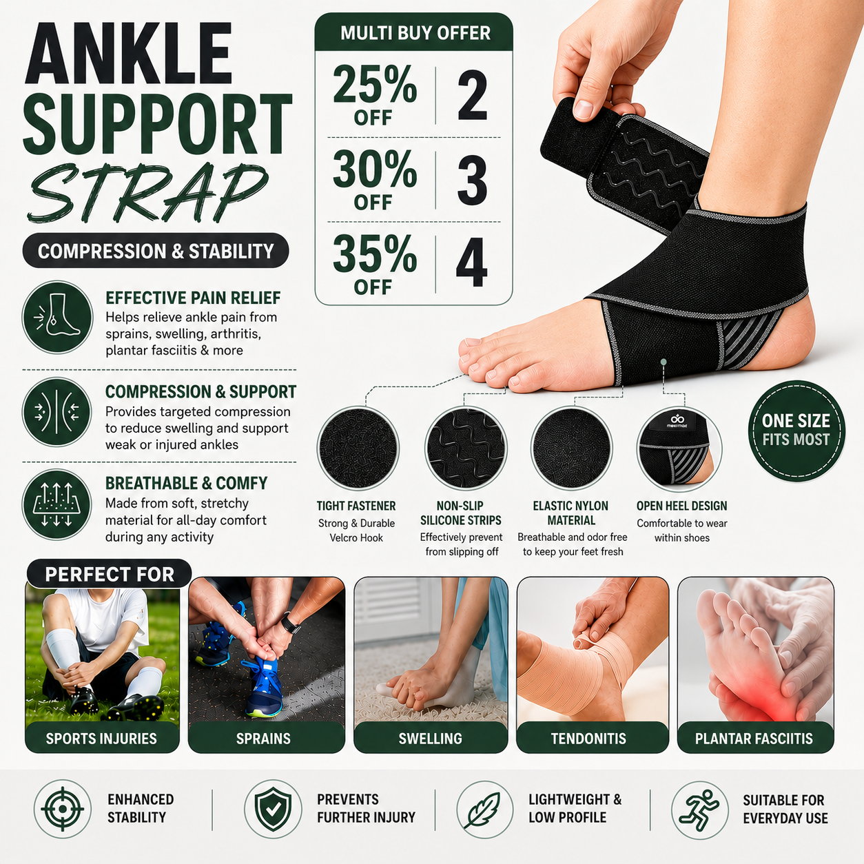 Ankle support strap compression brace with pain relief and support features