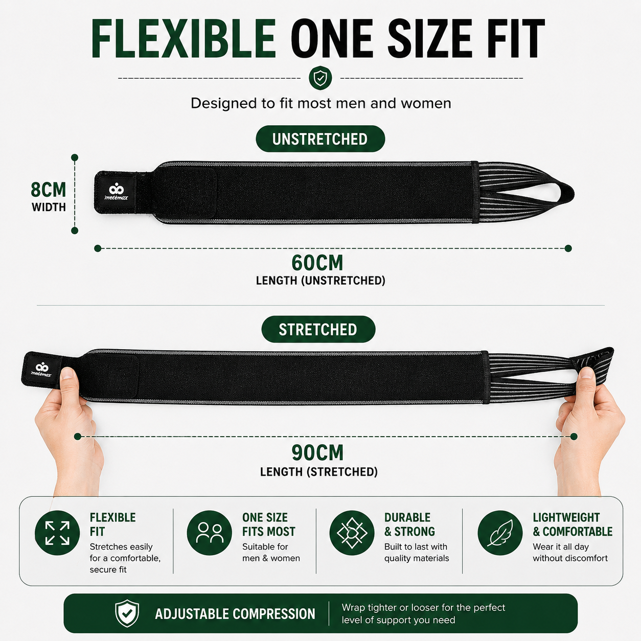 One size fits most ankle support strap showing unstretched and stretched measurements