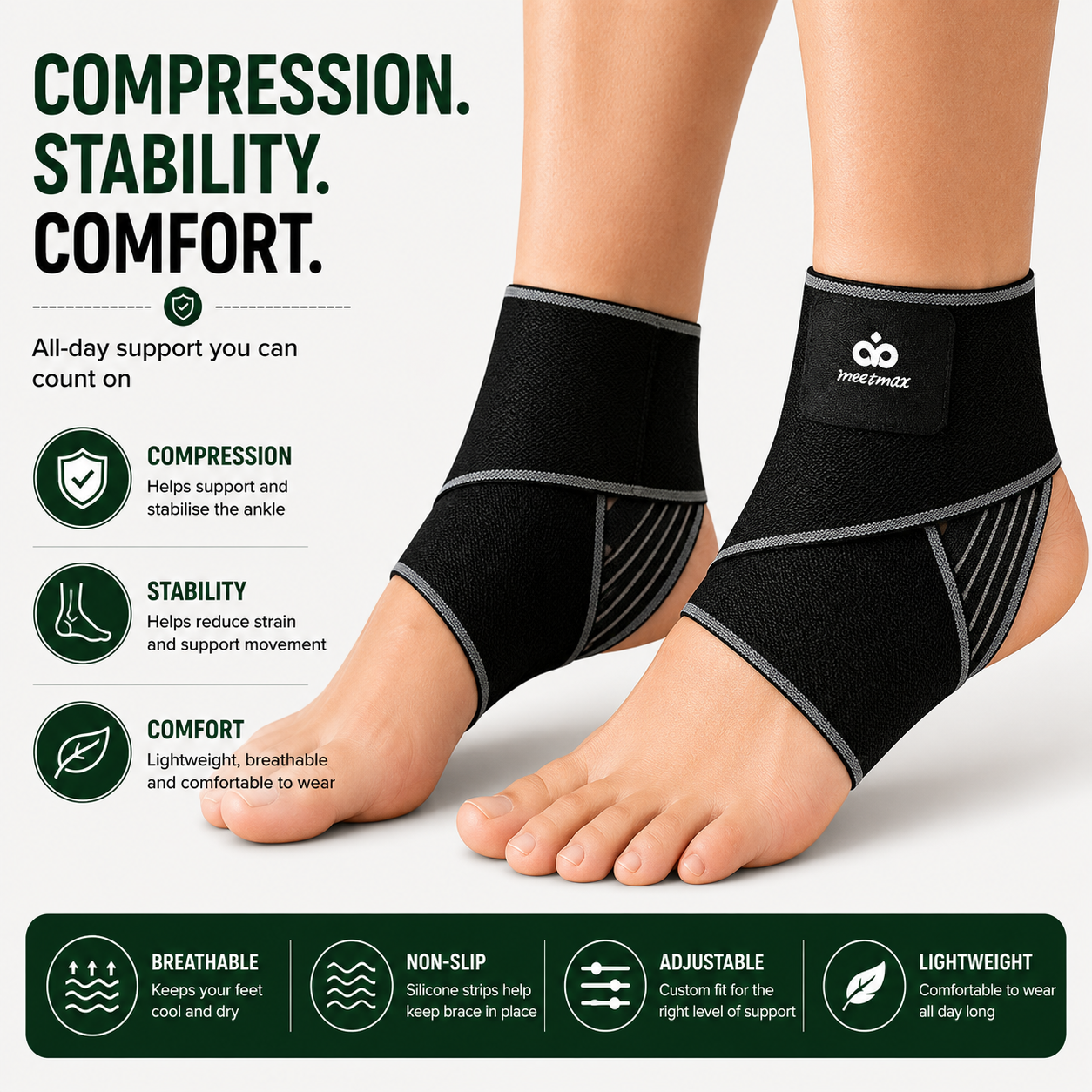 Compression stability comfort and breathable ankle brace worn on both feet