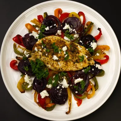Sheet Pan Mediterranean Chicken with Roasted Bell Peppers and Feta Topdown image