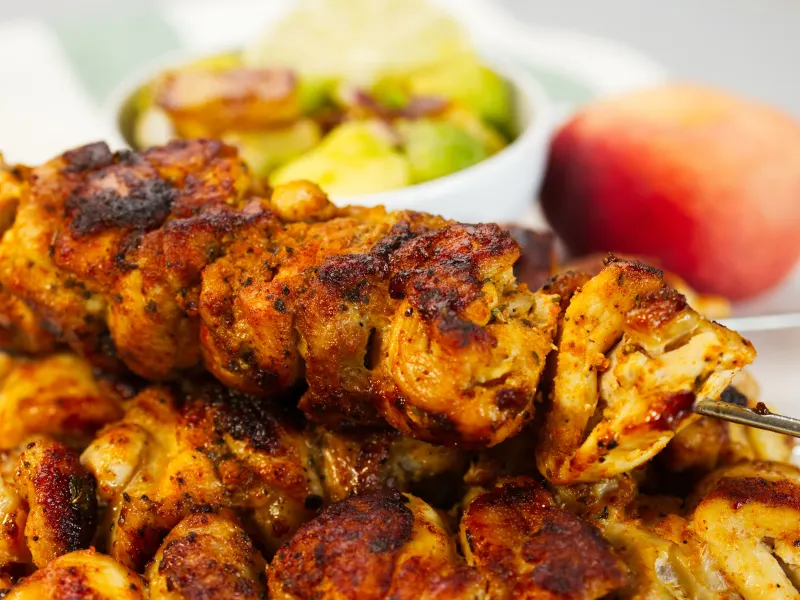 Cajun Chicken Skewers with Grilled Peach Salsa Closeup