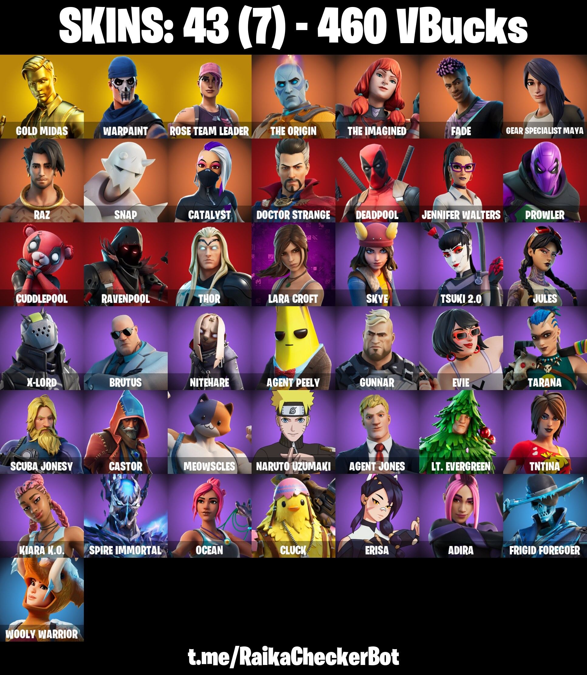 Fortnite Account ( PLAYSTATION / XBOX / PC / NINTENDO ) (AXEHAMMER, MERRY MINT AXE, GOLD MIDAS, LARA CROFT, OG STW) (43 Skins)
