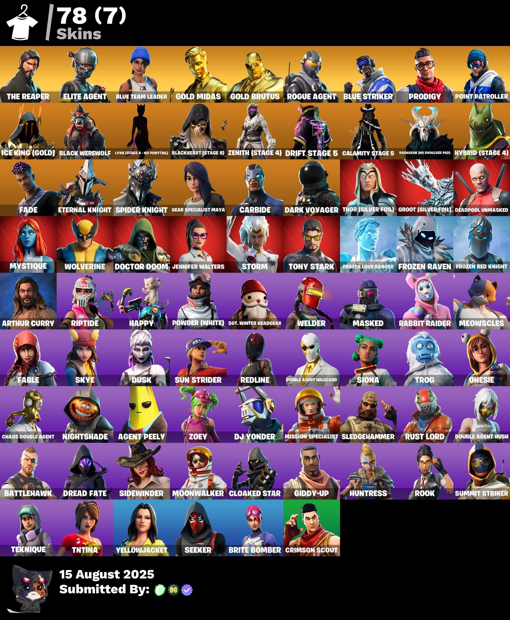 Fortnite Account ( PLAYSTATION / XBOX / PC / NINTENDO ) (THE REAPER, ELITE AGENT, BLUE TEAM LEADER, GOLD MIDAS, GOLD BRUTUS) (78 Skins)
