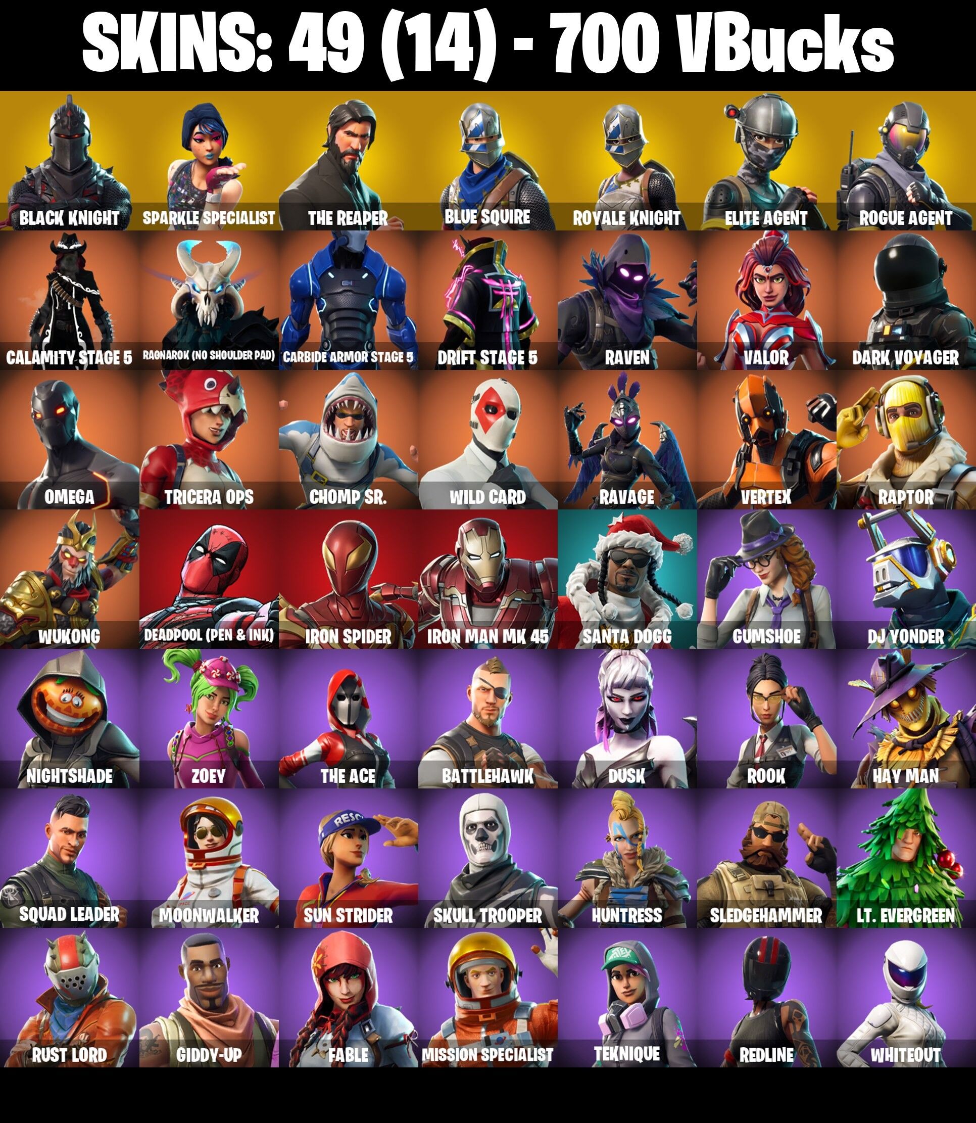 Fortnite Account ( PLAYSTATION / XBOX / PC / NINTENDO ) (BLACK KNIGHT, THE REAPER, TAKE THE L) (49 Skins)