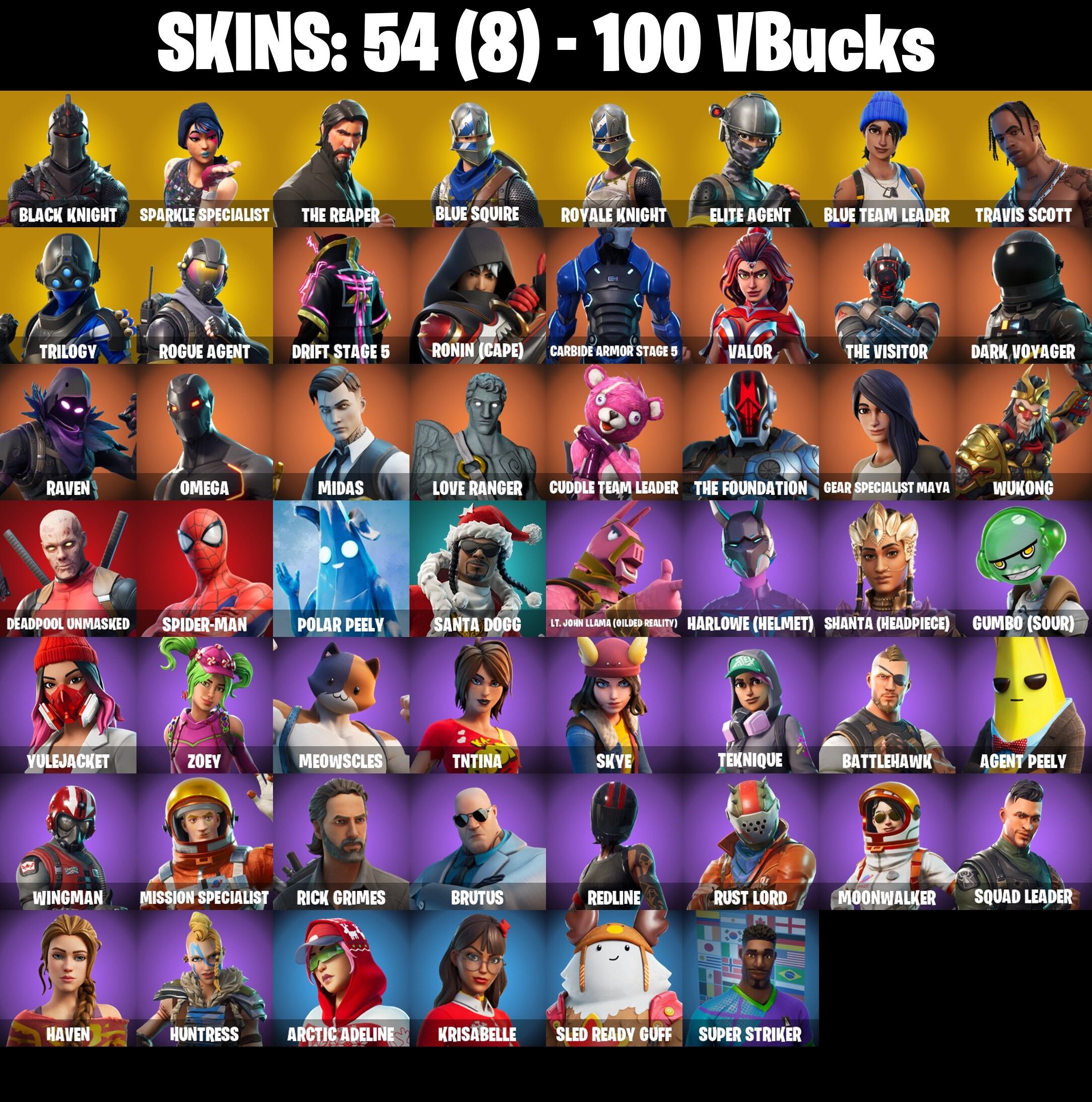 Fortnite Account ( PLAYSTATION / XBOX / PC / NINTENDO ) (BLACK KNIGHT, TRAVIS SCOTT, THE REAPER, BLUE SQUIRE) (54 Skins)
