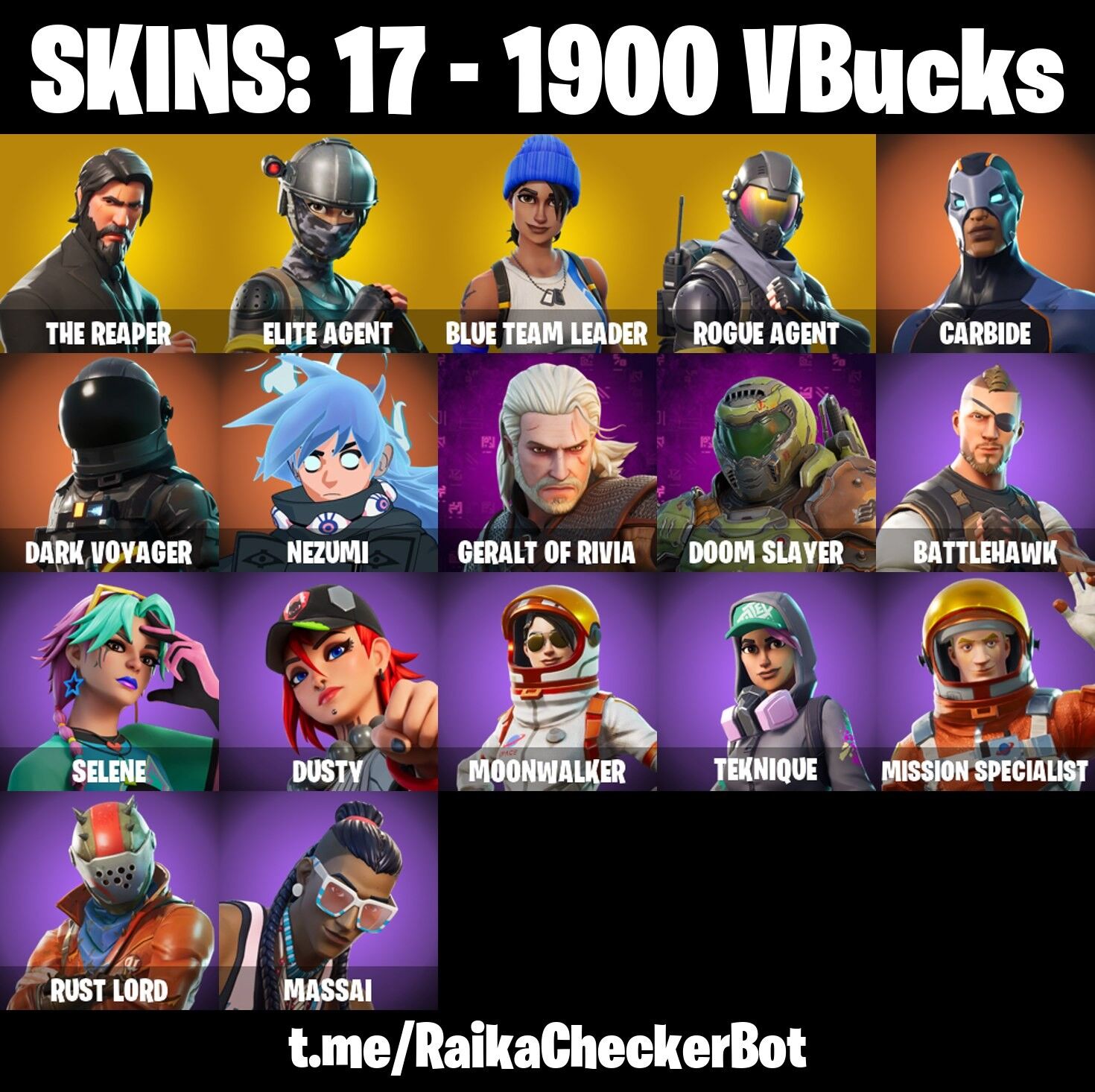 Fortnite Account ( PLAYSTATION / XBOX / PC / NINTENDO ) (The Reaper, Take the L, Elite Agent, Rogue Agent, Blue Team Leader) (17 Skins)
