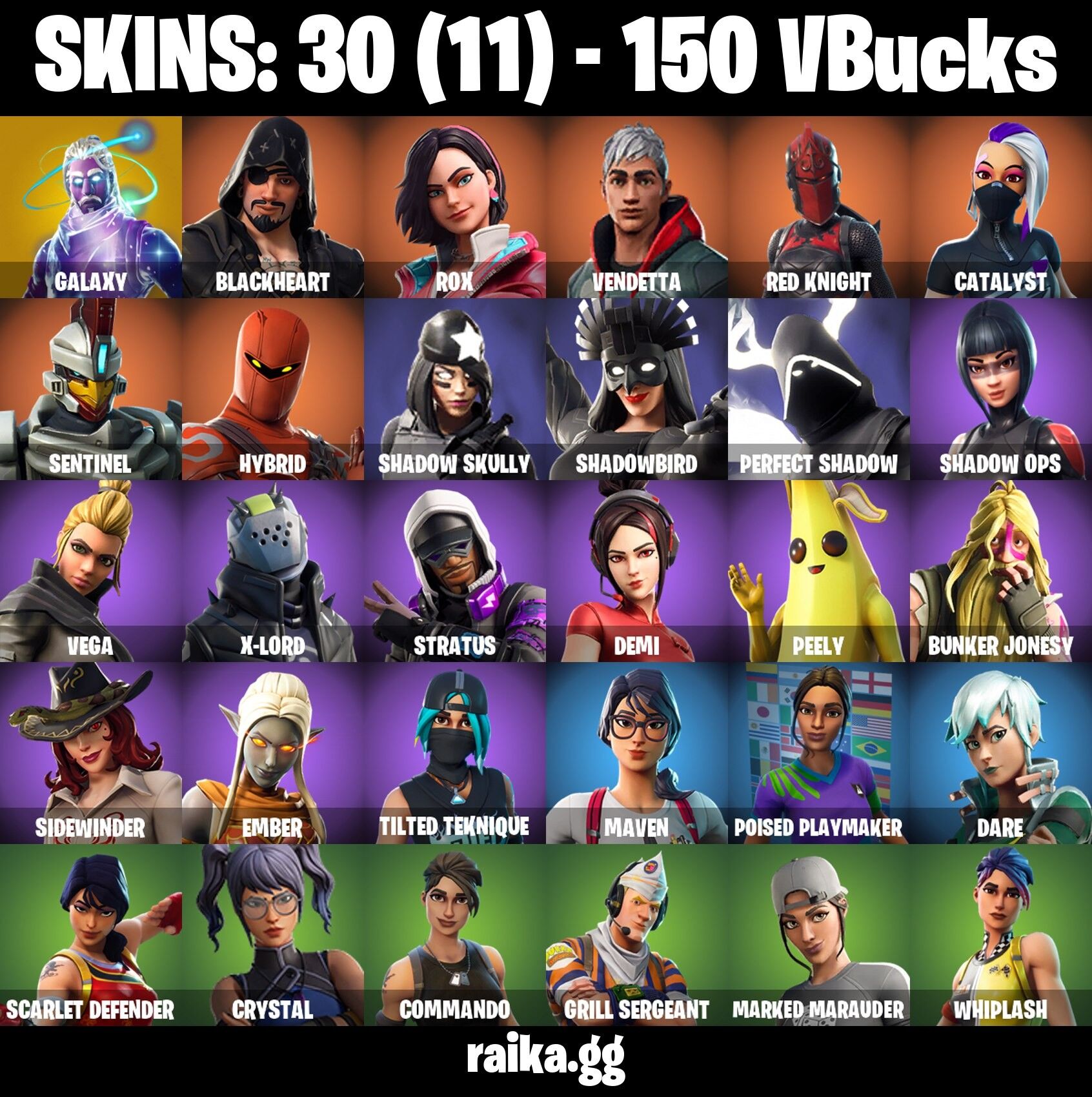 Fortnite Account ( PLAYSTATION / XBOX / PC / NINTENDO ) (GALAXY, BLACKHEART, SHADOWBIRD, SHADOW OPS, STELLAR AXE, LAUGH IT UP) (30 Skins)