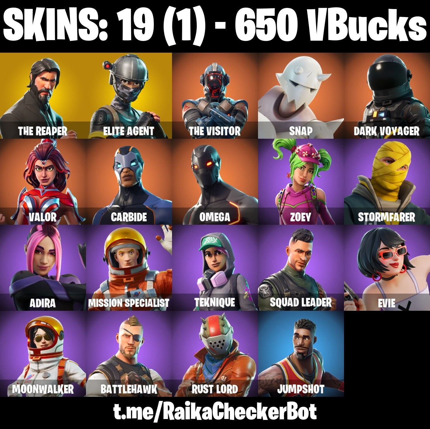 Fortnite Account ( PLAYSTATION / XBOX / PC / NINTENDO ) (THE REAPER, OMEGA, TAKE THE L, ELITE AGENT, ZOEY) (19 Skins)