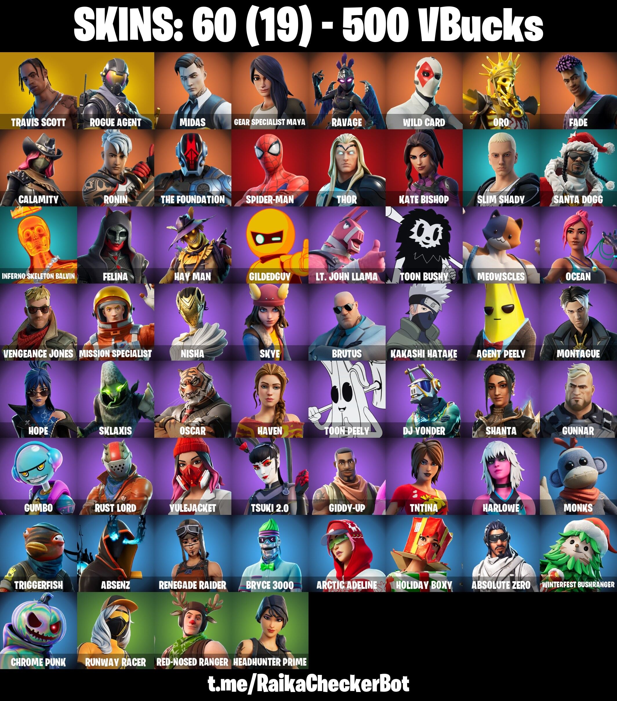 Fortnite Account ( PLAYSTATION / XBOX / PC / NINTENDO ) (TRAVIS SCOTT, ROGUE AGENT, MIDAS, RAVAGE, ORO, WILD CARD) (60 Skins)