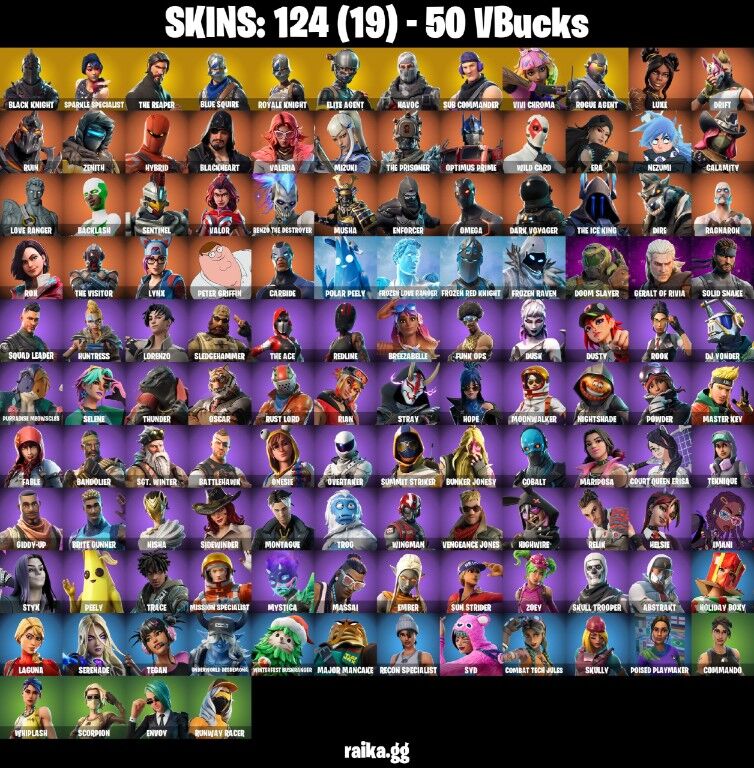 Fortnite Account ( PLAYSTATION / XBOX / PC / NINTENDO ) (BLACK KNIGHT, SPARKLE SPECIALIST, THE REAPER, BLUE SQUIRE, AC/DC, ROYALE KNIGHT, FLOSS) (124 Skins)