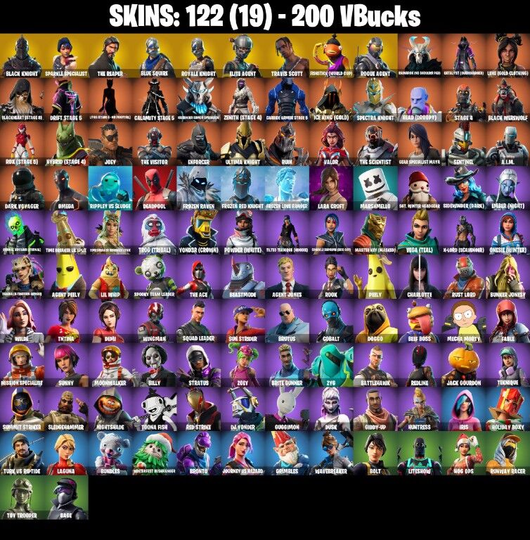 Fortnite Account ( PC / PSN / XBOX / NINTENDO ) (BLACK KNIGHT, TRAVIS SCOTT, FLOSS, MAKO, THE REAPER) (122 Skins)