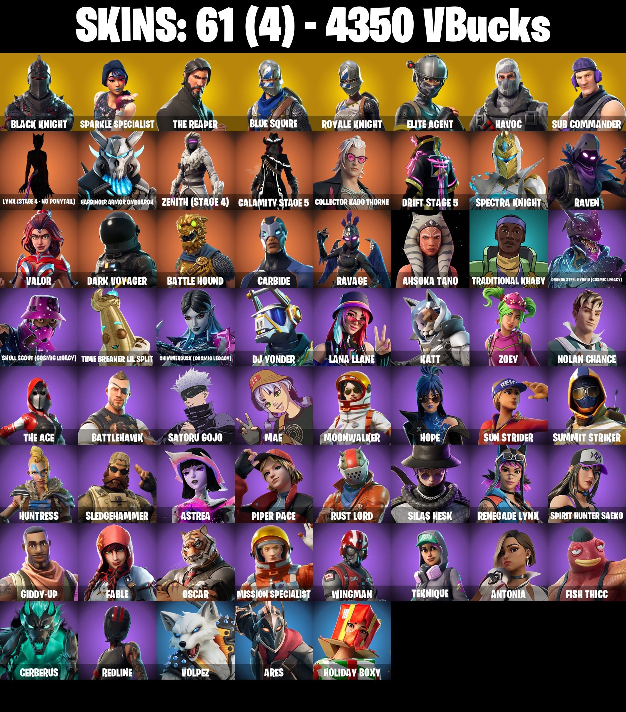 Fortnite Account ( PLAYSTATION / XBOX / PC / NINTENDO ) (BLACK KNIGHT, THE REAPER) (61 Skins)
