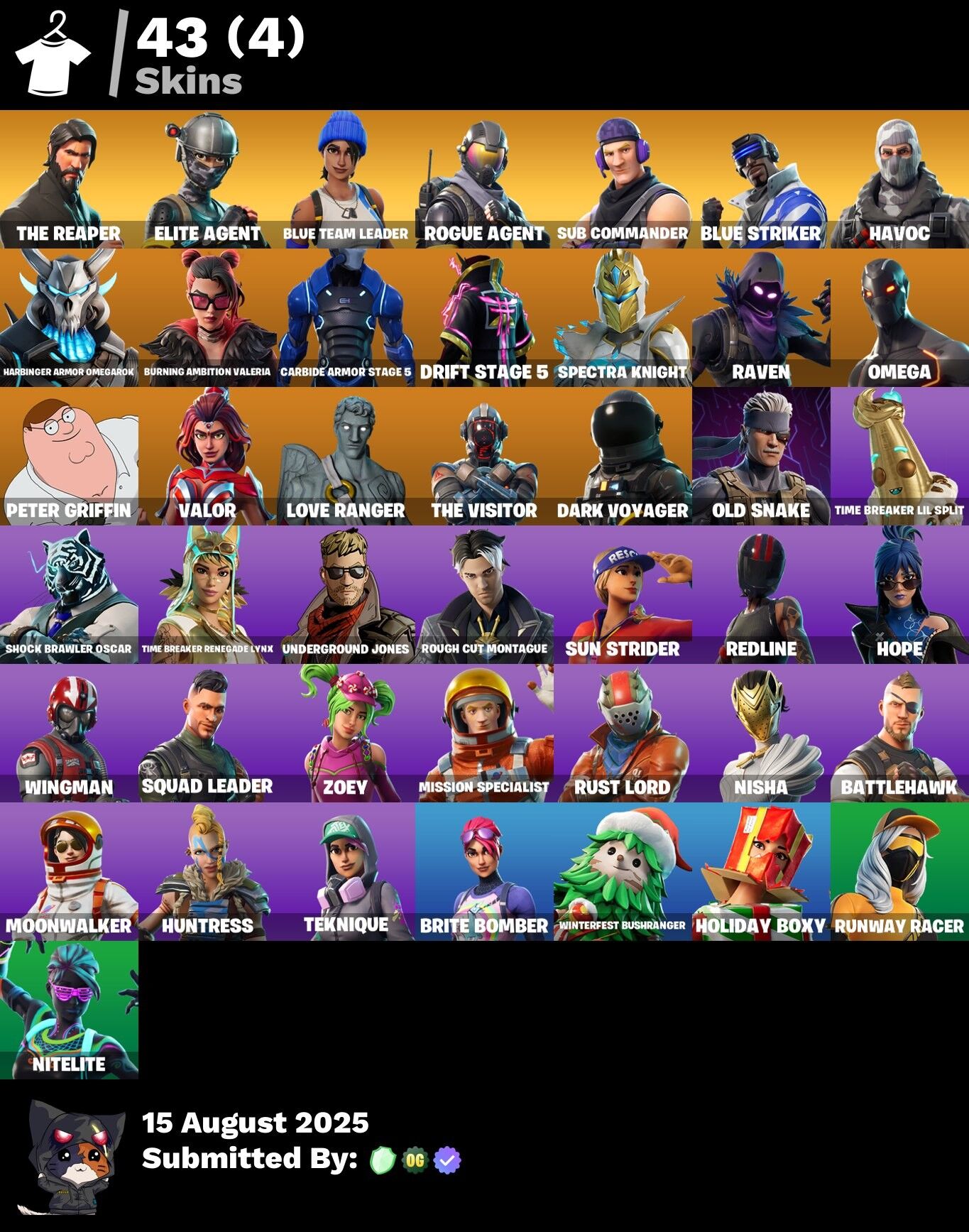 Fortnite Account ( PLAYSTATION / XBOX / PC / NINTENDO ) (The Reaper, Take The L, Elite Agent, Blue Team Leader, Rogue Agent, Sub Commander, Havoc) (43 Skins)