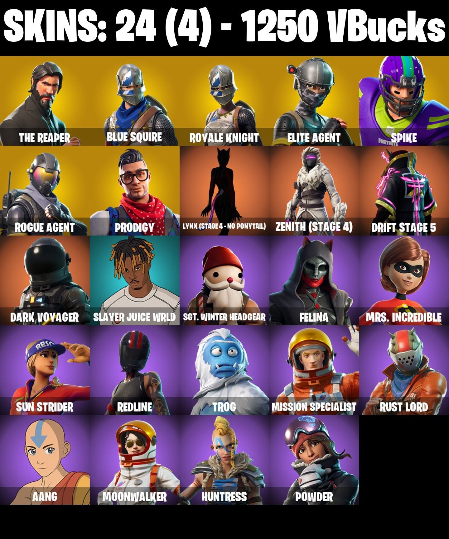 Fortnite Account ( PLAYSTATION / XBOX / PC / NINTENDO ) (The Reaper, Take The L, Blue Squire, Royale Knight, Elite Agent) (24 Skins)