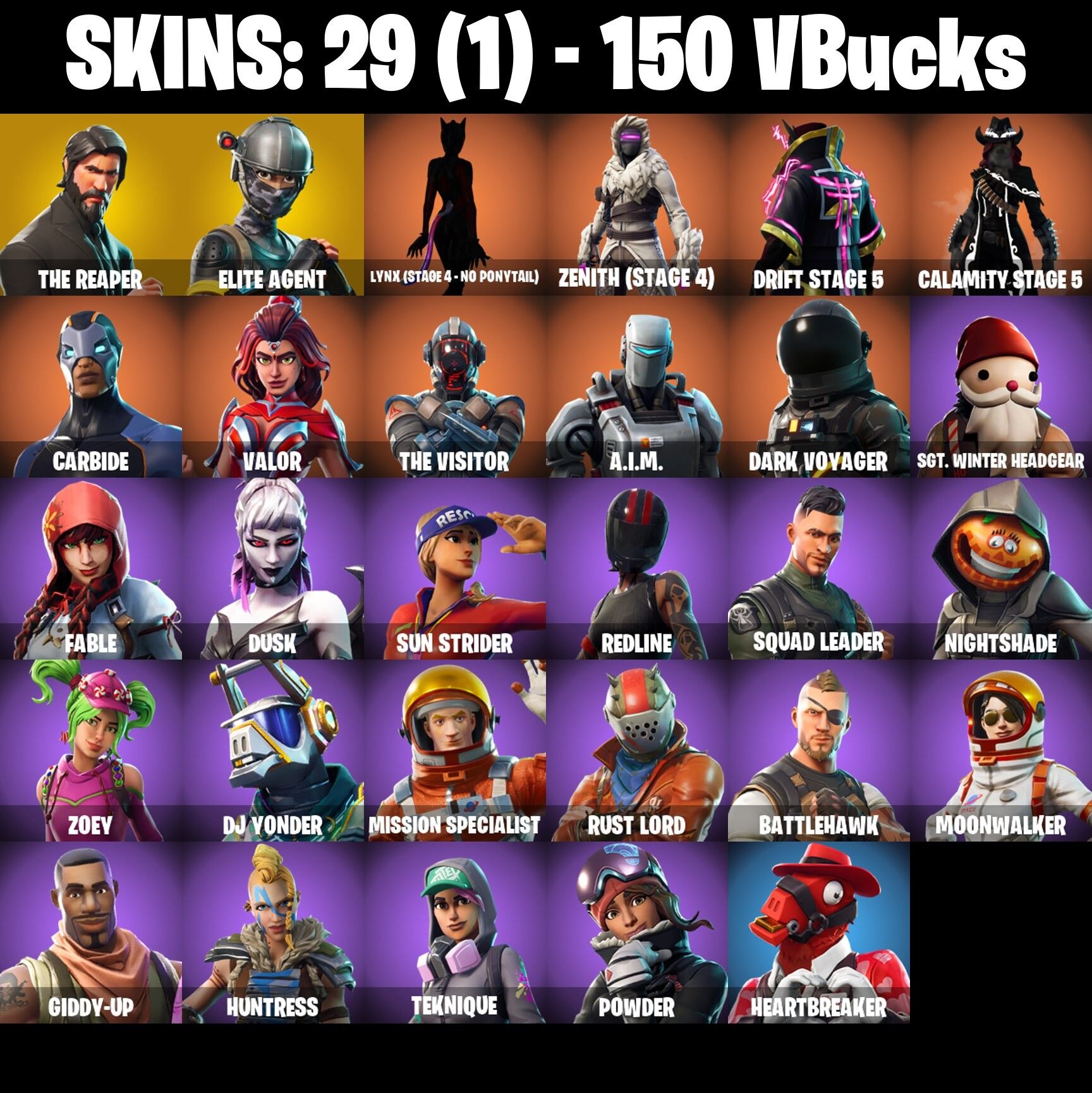 Fortnite Account ( PLAYSTATION / XBOX / PC / NINTENDO ) (The Reaper, Elite Agent, Take the L, Mako, Verve) (29 Skins)