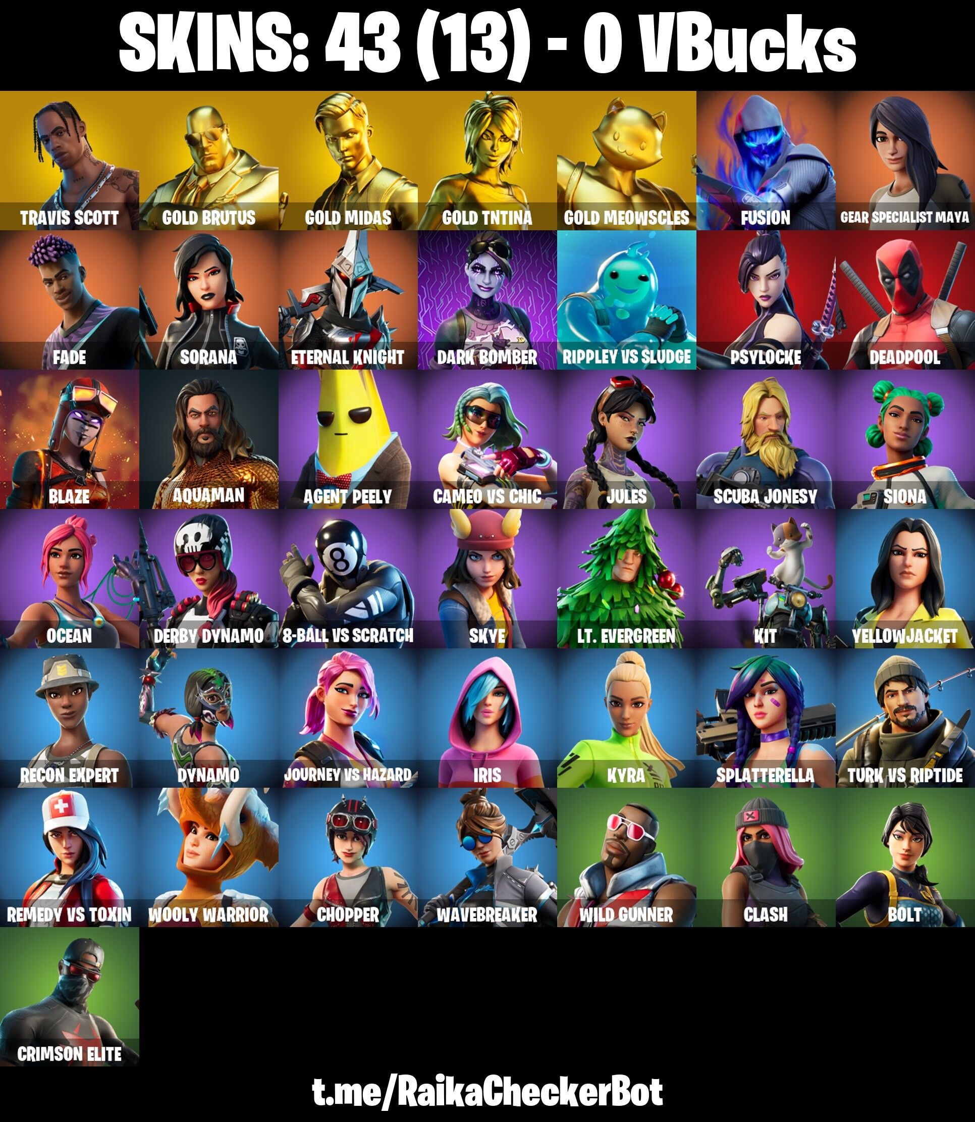 Fortnite Account ( PLAYSTATION / XBOX / PC / NINTENDO ) (TRAVIS SCOTT, GOLD MIDAS, GOLD BRUTUS, GOLD TNTINA, GOLD MEOWSCLES) (43 Skins)