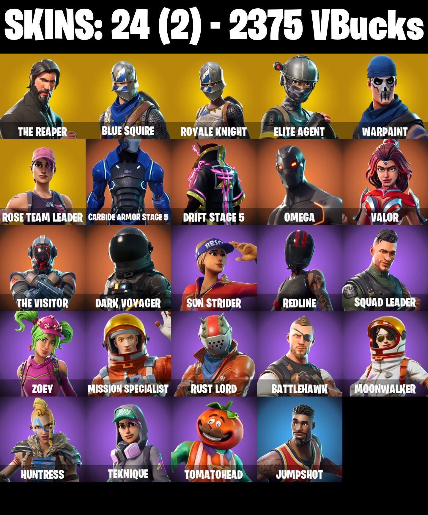Fortnite Account ( PLAYSTATION / XBOX / PC / NINTENDO ) (The Reaper, Take the L, Blue Squire, Royale Knight, Elite Agent) (24 Skins)