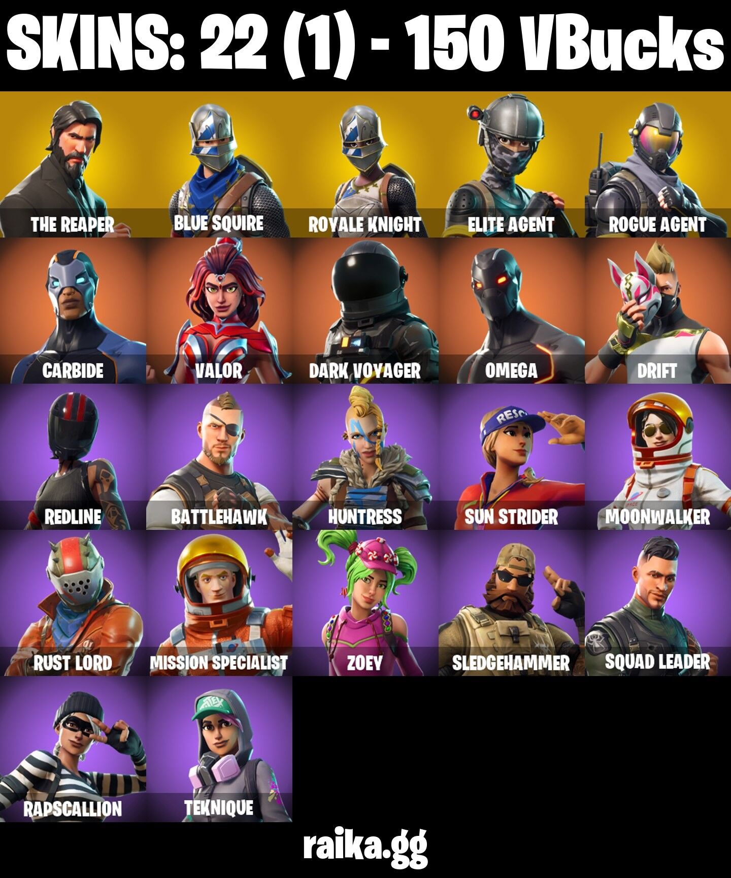 Fortnite Account ( PLAYSTATION / XBOX / PC / NINTENDO ) (THE REAPER, BLUE SQUIRE, TAKE THE L, ROYALE KNIGHT, ROGUE AGENT) (22 Skins)