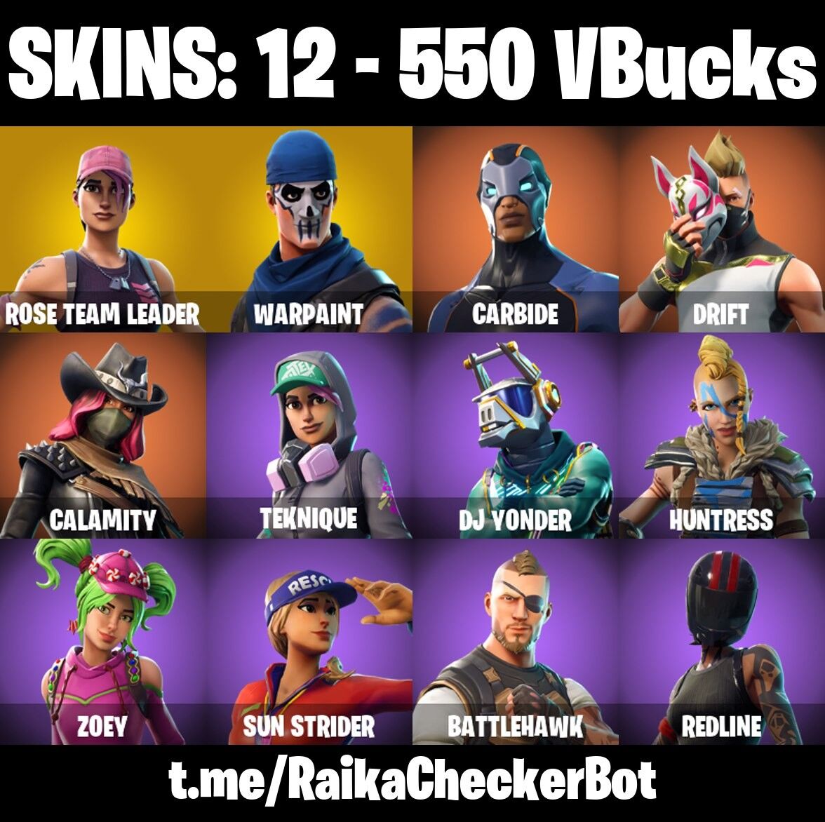 Fortnite Account ( PLAYSTATION / XBOX / PC / NINTENDO ) (DRIFT, CARBIDE, CALAMITY) (12 Skins)