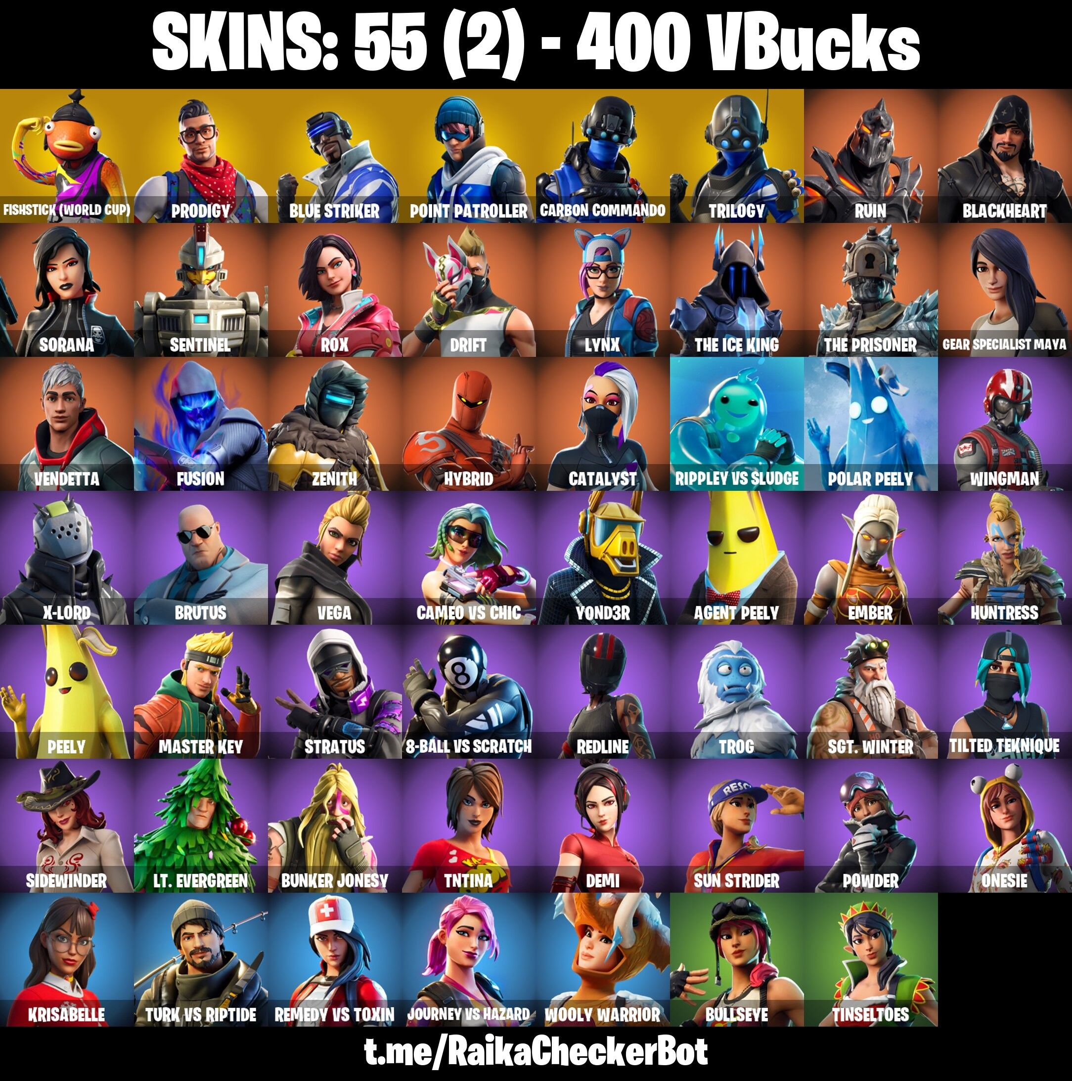 Fortnite Account ( PLAYSTATION / XBOX / PC / NINTENDO ) (FISHSTICK, PRODIGY, DRIFT, TAKE THE ELF, THE ICE KING) (55 Skins)