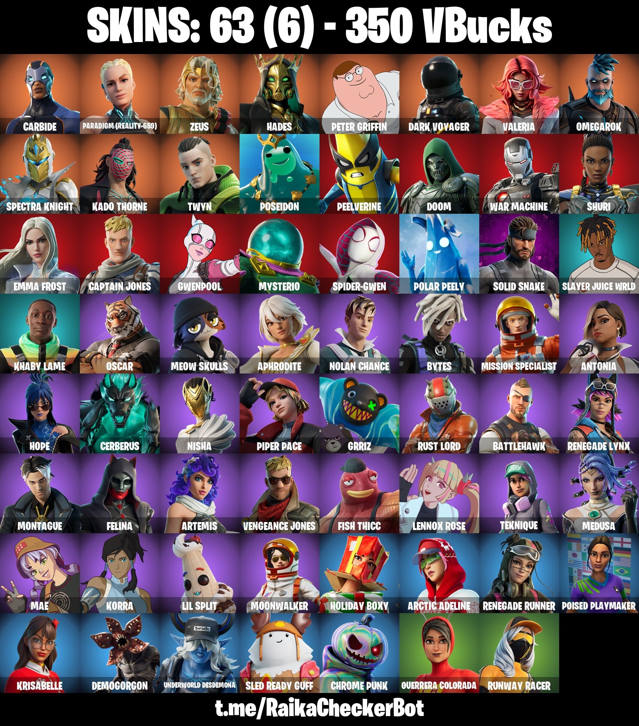 Fortnite Account ( PLAYSTATION / XBOX / PC / NINTENDO ) (Carbide, Khabby Lame, Zeus, Peter Griffin) (63 Skins)
