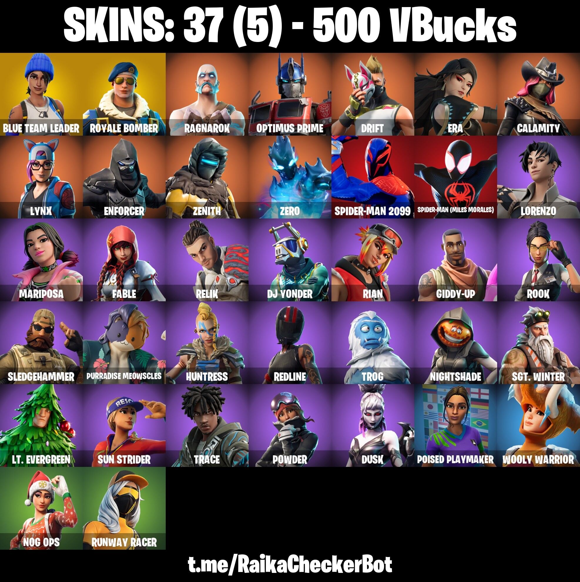 Fortnite Account ( PLAYSTATION / XBOX / PC / NINTENDO ) (ROYALE BOMBER, BLUE TEAM LEADER, SPIDER-MAN 2099, ZERO, TAKE THE ELF) (37 Skins)