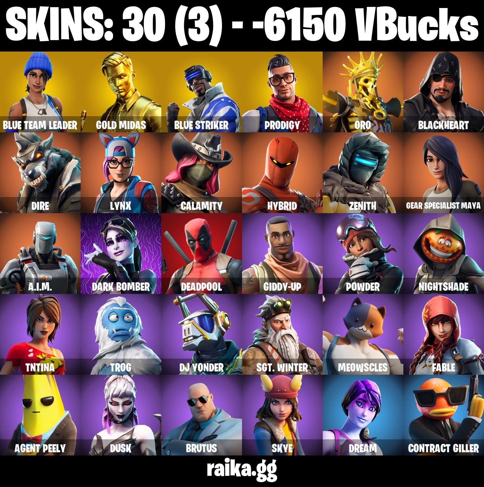 Fortnite Account ( PLAYSTATION / XBOX / PC / NINTENDO ) (BLUE TEAM LEADER, GOLD MIDAS, BLUE STRIKER, ORO, BRUTUS) (30 Skins)