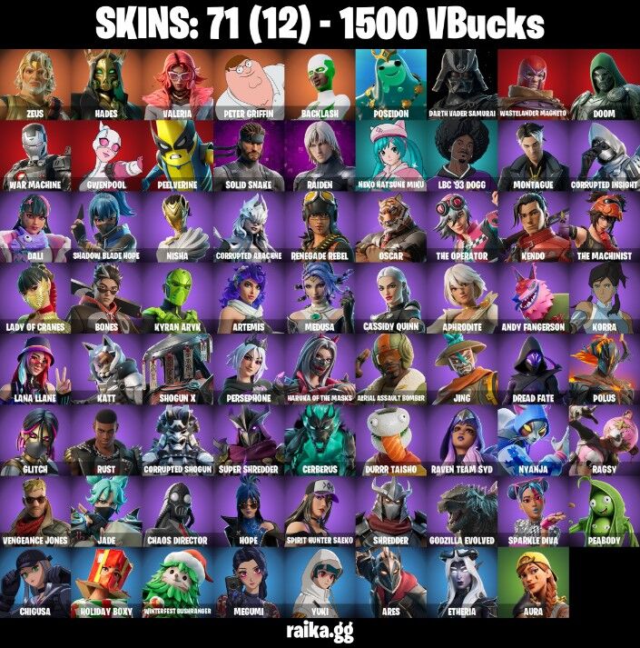 Fortnite Account ( PLAYSTATION / XBOX / PC / NINTENDO ) (Backlash, Peter Griffin, Zeus, Nisha, Chaos Director) (71 Skins)