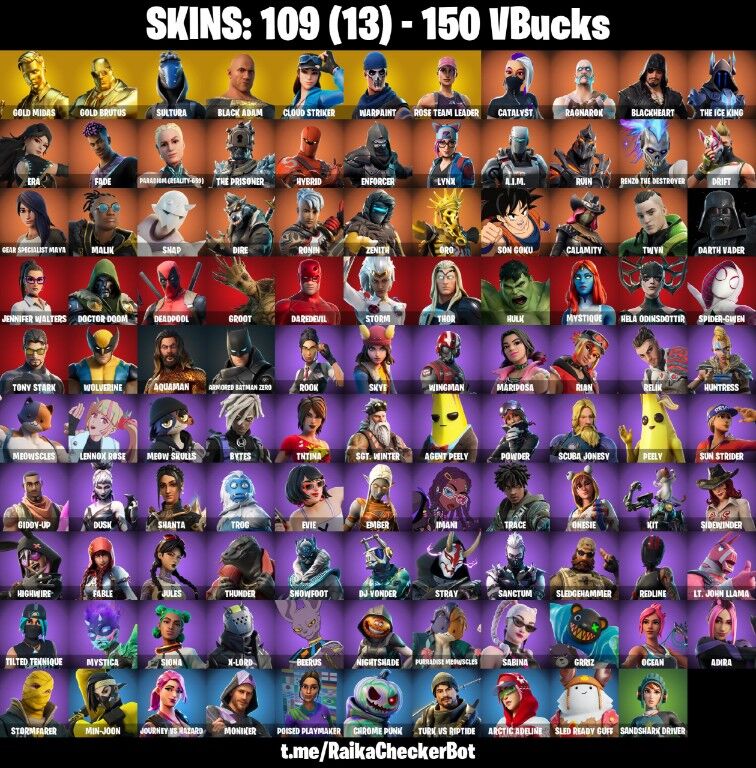Fortnite Account ( PLAYSTATION / XBOX / PC / NINTENDO ) (GOLD MIDAS, GOLD BRUTUS, CLOUD STRIKER, BLACK ADAM) (109 Skins)