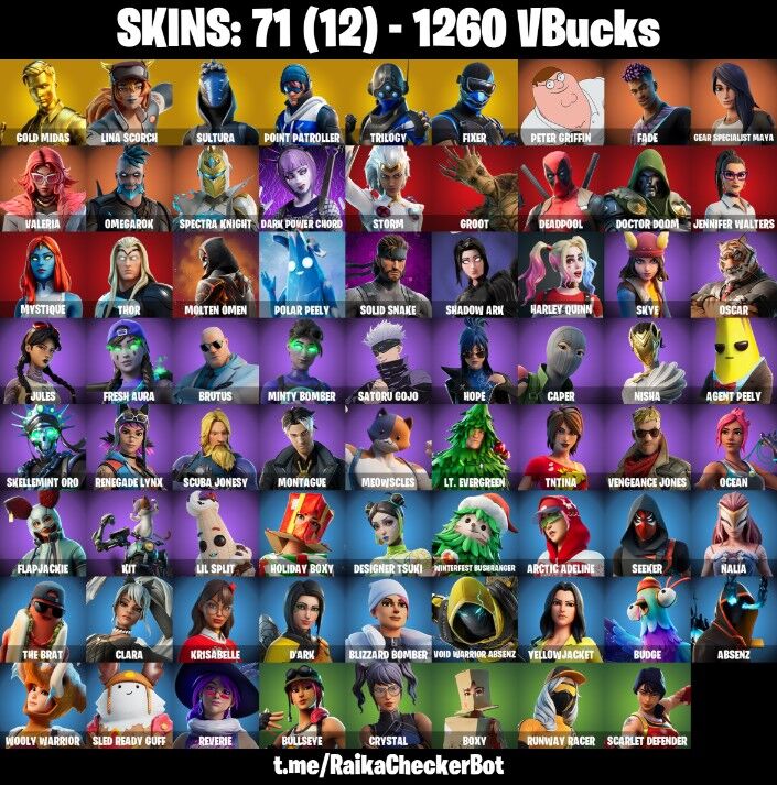 Fortnite Account ( PLAYSTATION / XBOX / PC / NINTENDO ) (GOLD MIDAS, DARK POWER CHORD, MOLTEN OMEN, SOLID SNAKE, FADE) (71 Skins)