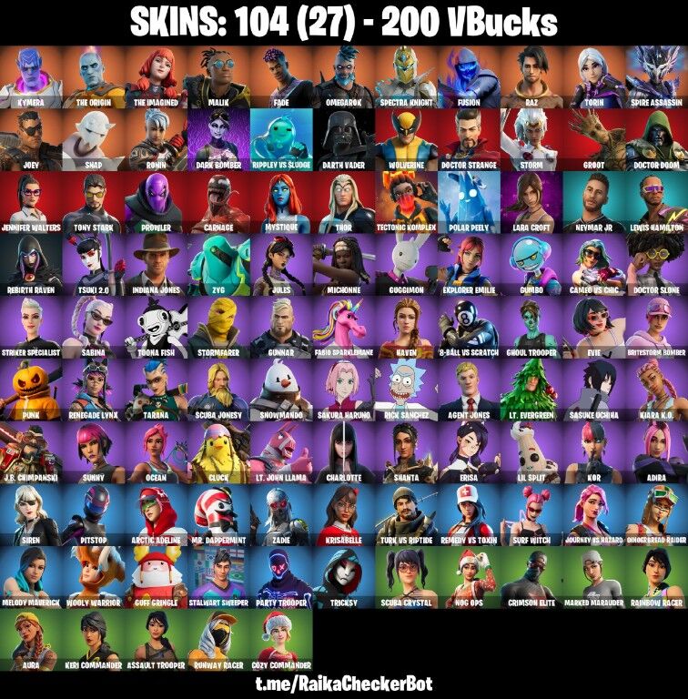 Fortnite Account ( PLAYSTATION / XBOX / PC / NINTENDO ) (DARK BOMBER, FADE, KYMERA, NEYMAR JR, LEWIS HAMILTON) (104 Skins)
