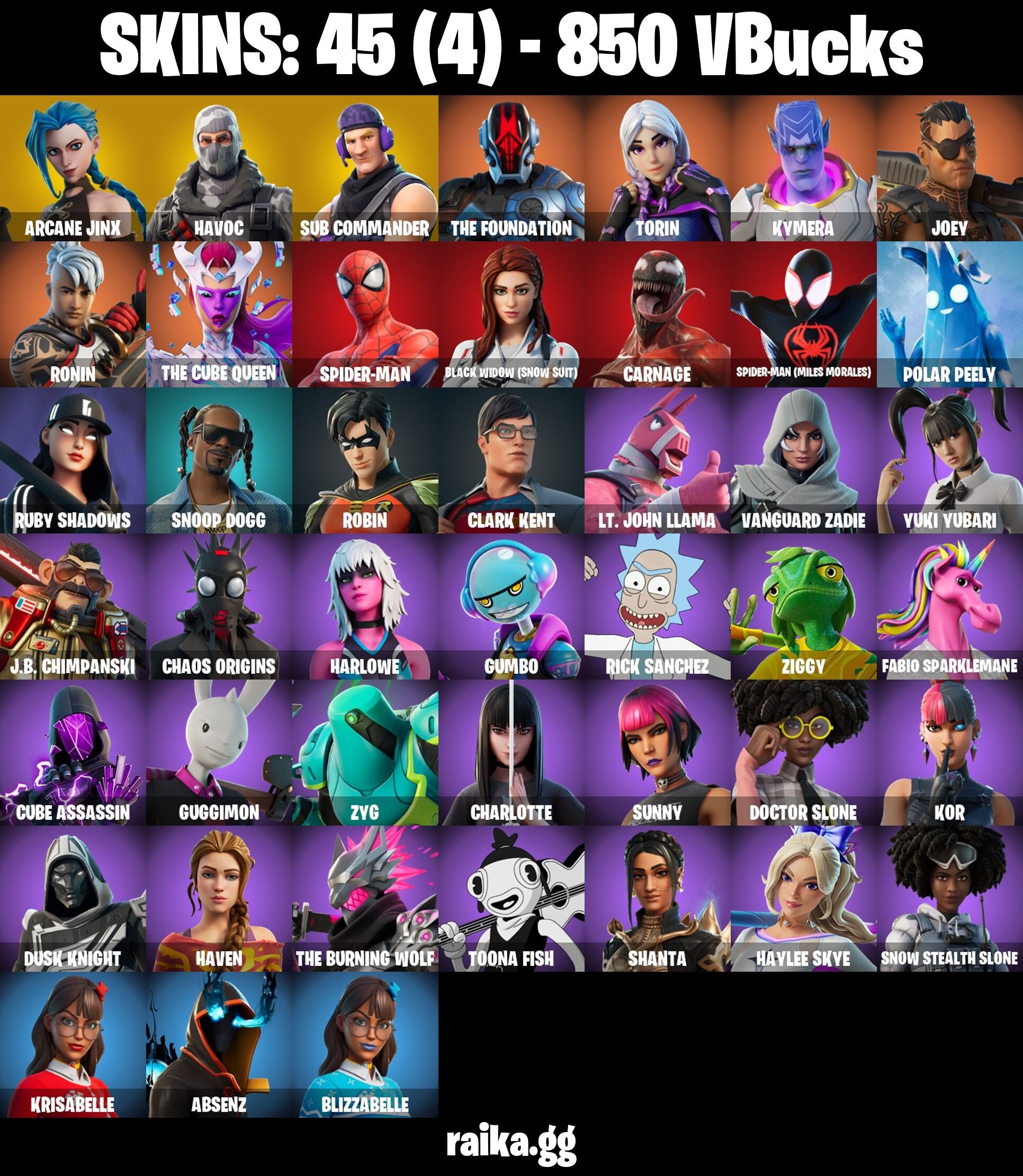 Fortnite Account ( PLAYSTATION / XBOX / PC / NINTENDO ) (ARCANE JINX, HAVOC, SUB COMMANDER, RUBY SHADOWS, SPIDER-MAN) (45 Skins)