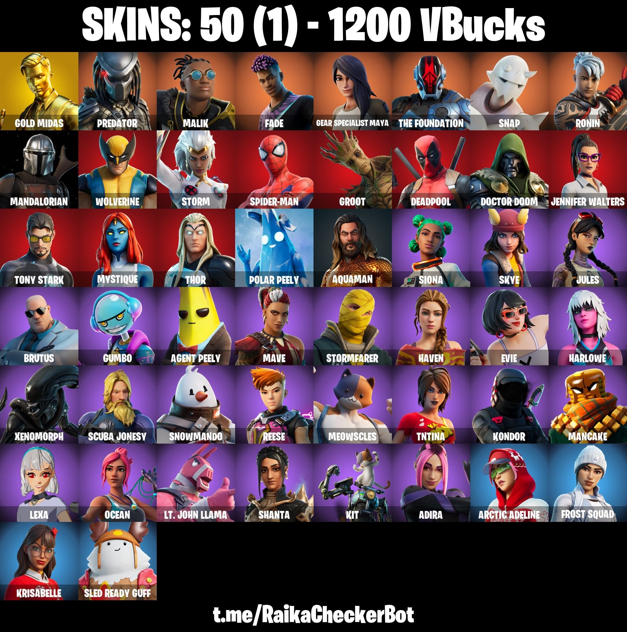 Fortnite Account ( PLAYSTATION / XBOX / PC / NINTENDO ) (GOLD MIDAS, DEADPOOL, AQUAMAN, SPIDER-MAN, FADE) (50 Skins)