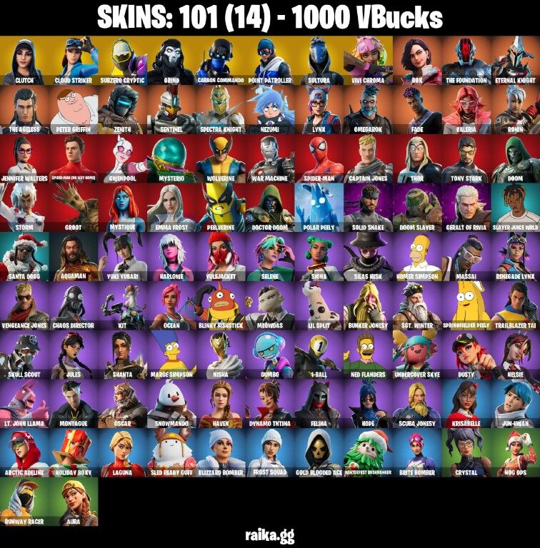 Fortnite Account ( PLAYSTATION / XBOX / PC / NINTENDO ) (CLUTCH, SUBZERO, CRYPTIC, VIVI, CHROMA, LAGUNA, CLOUD STRIKER) (101 Skins)