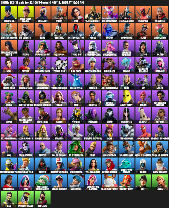Fortnite Account ( PC ) (Gear Specialist Maya, Warpaint, Rose Team Leader, Catalyst, Ronin, Rox, Ultima Knight, The Cube Queen, Deadpool, Vendetta, Fade, Sentinel, Midas, Fusion, Omegarok, Blaze) (113 Skins)