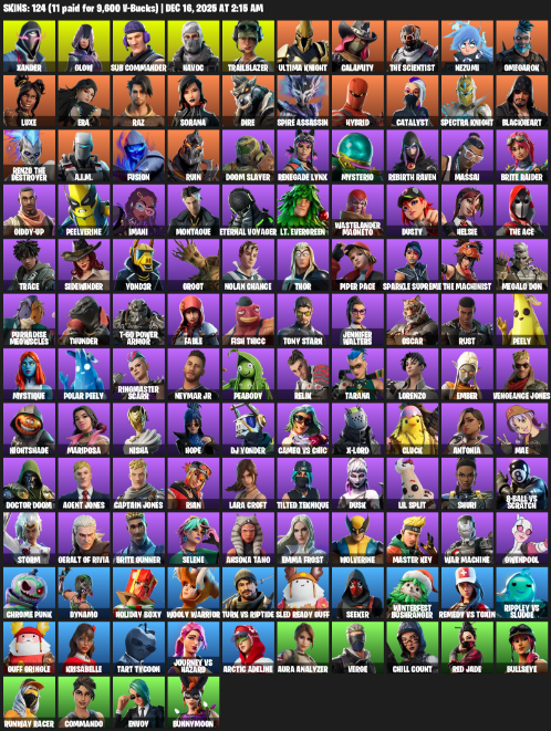 Fortnite Account ( PC ) (Lara Croft, Xander, Glow, Sub Commander, Havoc, Trailblazer, Ultima Knight, Calamity, The Scientist, Nezumi, Omegarok, Luxe, Era, Raz, Sorana, Dire, Spire Assassin, Hybrid, Catalyst) (124 Skins)