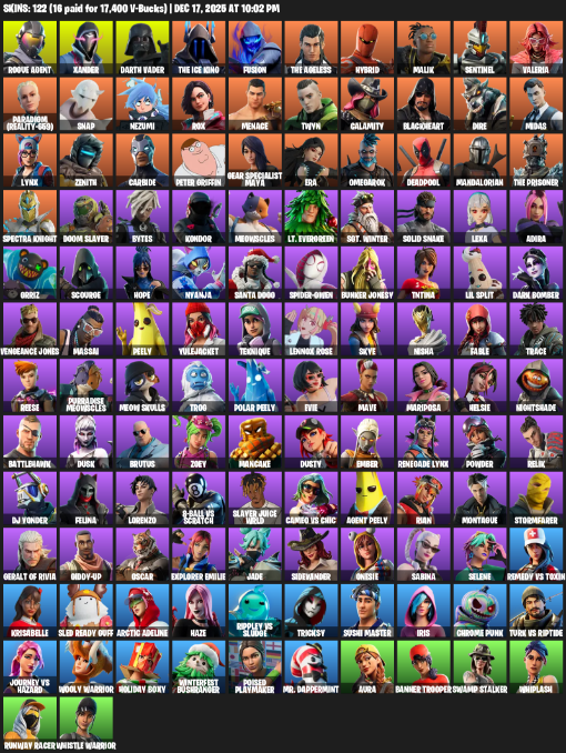 Fortnite Account ( PC / PLAYSTATION ) (Gear Specialist Maya, Rogue Agent, Xander, Darth Vader, The Ice King, Fusion, Hybrid, Malik, Sentinel, Valeria, Paradigm (Reality-659), Snap, Nezumi, Rox, Menace, Twyn, Calamity, Blackheart, Dire, Leviathan Axe, Reckoning, Reaper, Spectra Slasher, Winter’s Onslaught, Dragon Rune Lance, Spider Snare, Scratchmark, Stun Knife, Big Bite, Beastfang, Dragon’s Claw, Crucible Blade, Pairing Blades, Groot’s Sap Axes, Scorcher, Hot Marat, Orange Justice, Mini Slayer Fistbump, Crowning Achievement, Boing!, Boba Snack, Arachrobatics, I’m a Mystery, Imperial March, Flamenco, Springy, Lil’ Longboat, !, Free Flow, Wakandan Salute, This is Fine, Boomin’, U Can’t C Me, Boogie Down, Igni Sign, Mako, Time Brella, Heartspan, Timesweeper, Eagle’s Form, Frostburn, Commander’s Descent, Nomad’s Drifter, Ollie, Rickety Runner, Cazadora, Whispering Wind, Psionic Surfer, Razor Crest, Raider’s Wayfarer, Arcana) (122 Skins)