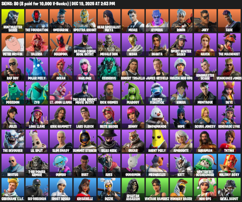 Fortnite Account ( PC ) (Gear Specialist Maya, Huntmaster Saber, The Foundation, Omegarok, Spectra Knight, Midas, Kymera, Ronin, Joey, Fade, Peter Griffin, Valeria, Deadpool, Batman Comic Book Outfit, Megalo Don, Nisha, Shanta, Spirit Hunter Saeko, Haven) (80 Skins)