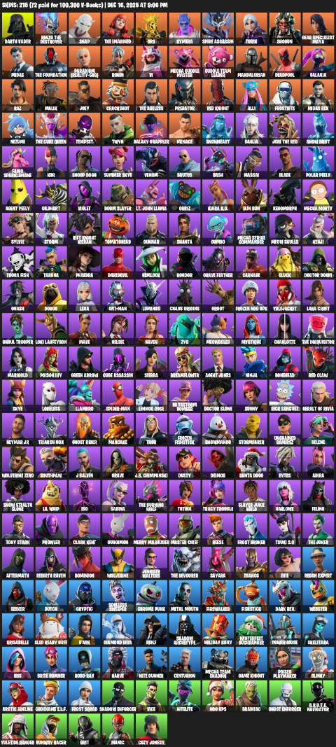 Fortnite Account ( PC / PLAYSTATION ) (Gear Specialist Maya, Lara Croft, Darth Vader, Renzo the Destroyer, Snap, Oro, Kymera, Spire Assassin, Torin, Shogun, Midas, Paradigm (Reality-659), Ronin, Vi, Mecha Cuddle Master, Mandalorian, Deadpool) (215 Skins)