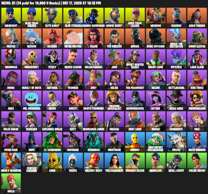 Fortnite Account ( PLAYSTATION / XBOX / PC ) (Elite Agent, Omega, Warpaint, Blue Team Leader, Carbon Commando, Wukong, Carbide, Kado Thorne, Mizuki, Nezumi, Valeria, Peter Griffin, Valor, The Ageless, Dark Voyager, Doom Slayer) (81 Skins)