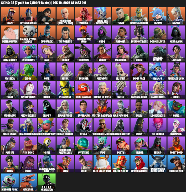 Fortnite Account ( PC / PLAYSTATION ) (Blaze, Optimus Prime, Era, Paradigm (Reality-659), Valeria, Renzo the Destroyer, Twyn, Spectra Knight, Nezumi, Mizuki, Peter Griffin, P.A.N.D.A Team Leader, Omegarok, Incinerator Kuno, CRZ-8, Antonia, Doom Slayer, NeuraLynx) (93 Skins)
