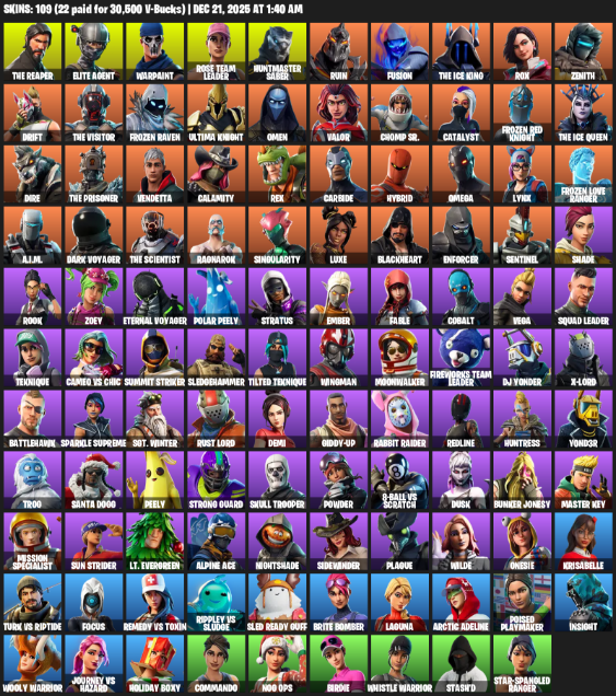 Fortnite Account ( PC / PLAYSTATION ) (The Reaper, Elite Agent, Omega, Warpaint, Rose Team Leader, Huntmaster Saber, Ruin, Fusion, Rox, Zenith, Drift, Frozen Raven, Ultima Knight, Omen, Valor, Chomp Sr., Catalyst) (109 Skins)