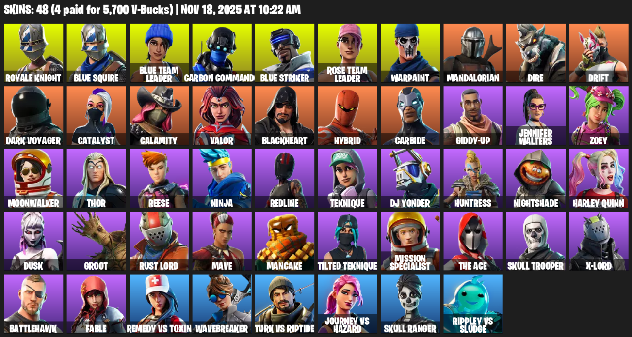 Fortnite Account ( PLAYSTATION / XBOX / PC ) (Royale Knight, Blue Squire, Carbon Commando, Rose Team Leader, Warpaint, Mandalorian, Dire, Drift, Dark Voyager, Catalyst, Calamity, Valor, Blackheart, Hybrid, Carbide, Giddy-up, Jennifer Walters, Zoey) (48 Skins)