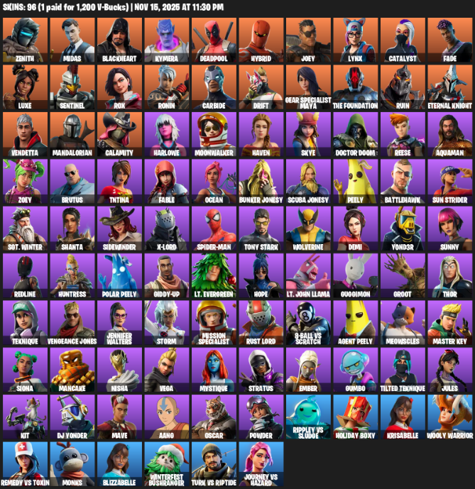Fortnite Account ( PLAYSTATION / XBOX / PC ) (Gear Specialist Maya, Zenith, Midas, Blackheart, Kymera, Deadpool, Hybrid, Joey, Lynx, Catalyst, Fade, Luxe, Sentinel, Rox, Ronin, Carbide, Drift, The Foundation, Ruin, Eternal Knight) (96 Skins)
