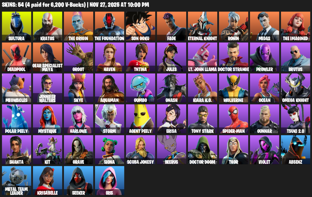 Fortnite Account ( PC ) (Gear Specialist Maya, Sultura, Kratos, The Origin, Son Goku, Fade, Eternal Knight, Ronin, Midas, Deadpool, Groot, Haven, TNTina, Jules, Lt. John Llama, Doctor Strange, Prowler, Brutus) (54 Skins)
