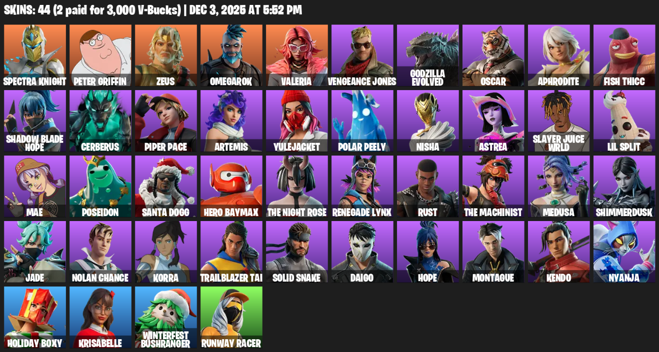 Fortnite Account ( PC / PLAYSTATION ) (Spectra Knight, Peter Griffin, Zeus, Omegarok, Valeria, Vengeance Jones, Godzilla Evolved, Oscar, Aphrodite, Fish Thicc, Shadow Blade Hope, Cerberus, Piper Pace, Artemis, Yulejacket, Polar Peely, Nisha, Astrea, Slayer Juice WRLD, Lil Split) (44 Skins)