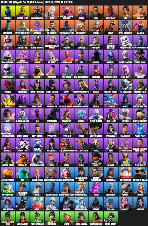 Fortnite Account ( PC ) (Lara Croft, Sultura, Victor Elite, Mandalorian, Snap, Mecha Cuddle Master, Torin, Joey, Red Knight, Raz, Menace, Omegarok, Kymera, Midas Rex, The Foundation, Crackshot, Ronin, Blaze, Spire Assassin) (148 Skins)