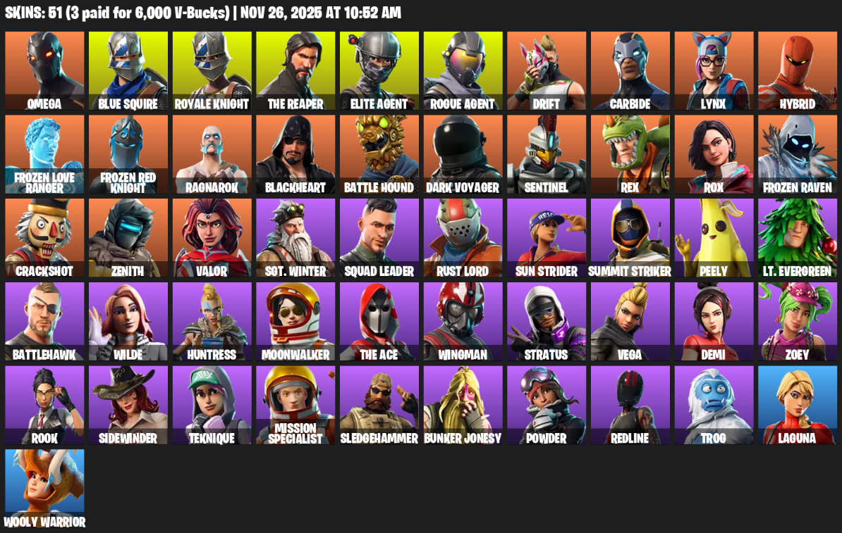 Fortnite Account ( PLAYSTATION / XBOX / PC ) (Omega, Blue Squire, Royale Knight, The Reaper, Elite Agent, Drift, Carbide, Lynx, Hybrid, Frozen Love Ranger, Ragnarok, Blackheart, Battle Hound, Dark Voyager, Sentinel, Rex, Rox) (51 Skins)